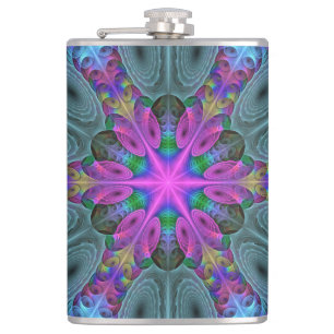 Mandala Colourful Spiritual Fractal Art With Pink Hip Flask