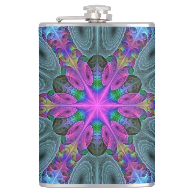 Mandala Colourful Spiritual Fractal Art With Pink Hip Flask (Front)