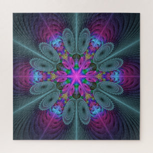 Mandala Colourful Spiritual Fractal Art With Pink Jigsaw Puzzle