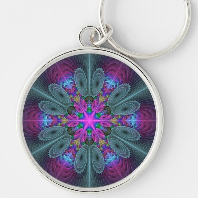 Mandala Colourful Striking Fractal Art Kaleidoscop Key Ring (Front)