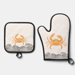 Mandala Crab – Coastal Orange Kitchen Oven Mitt & Pot Holder Set
