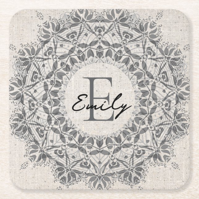 Mandala Custom Name Monogram Monochrome Light Grey Square Paper Coaster (Front)