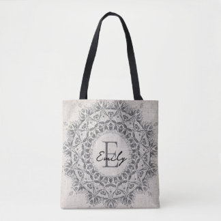 Mandala Custom Name Monogram Monochrome Light Grey Tote Bag