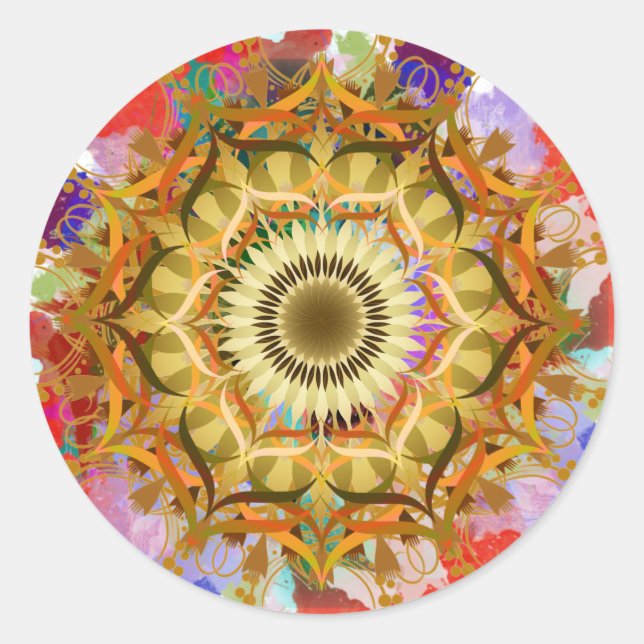 Mandala Damask Lotus Flower Art Watercolor Classic Round Sticker (Front)
