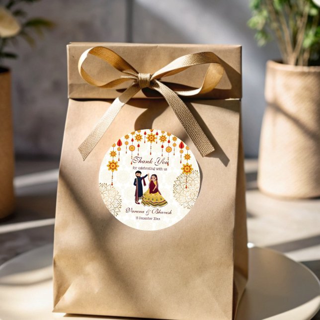 Mandala decor dancing Indian couple mehndi sangeet Classic Round Sticker (Mandala decor dancing Indian couple mehndi sangeet Classic Round Sticker)