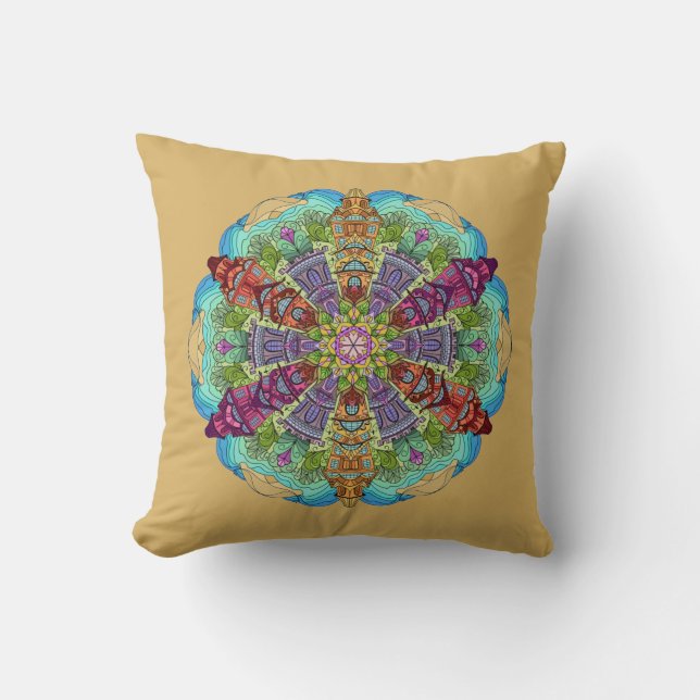 Mandala Design, VIctorian Homes, Aqua/Tan Cushion (Front)