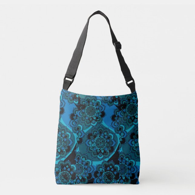 Mandala Design with Cobalt Blue, Teal, Grey, Black Crossbody Bag (Front)