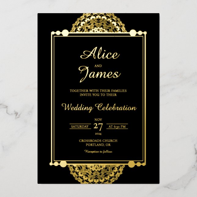 Mandala Double Frame Royal Black Gold Foil Wedding (Front)