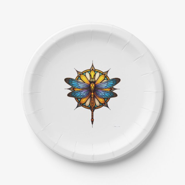 Mandala Dragonfly Luminous Sacred Geometry Spiritu Paper Plate (Front)
