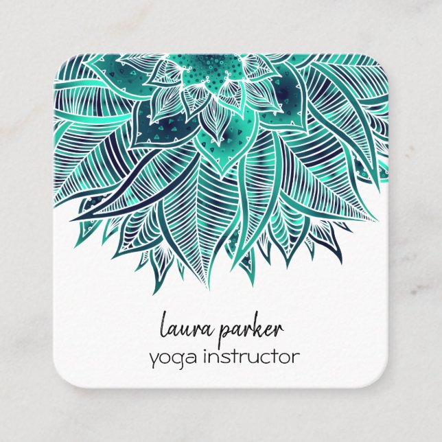 Mandala Elegant Boho Paisley Floral Teal Art Yoga Square Business Card (Front)