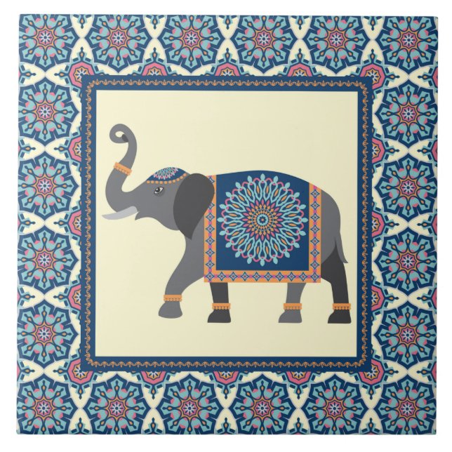 Mandala Elephant Design Ceramic Tile (Front)