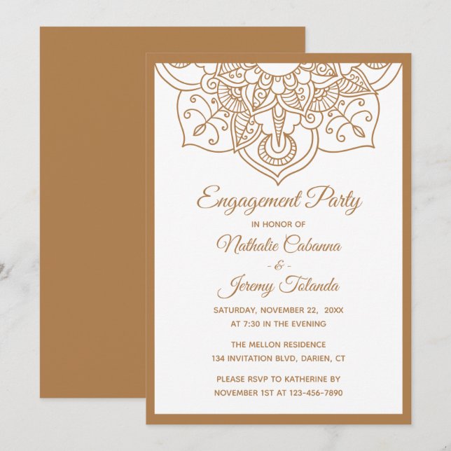 Mandala Engagement Party Brown Boho Indian Modern Invitation (Front/Back)