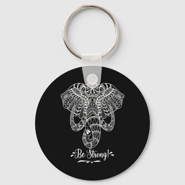 Mandala Face Elephant. Be Strong. Like An Elephant Key Ring (Front)