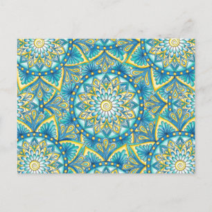 Mandala Floral Blue turquoise Yellow Pattern Postcard