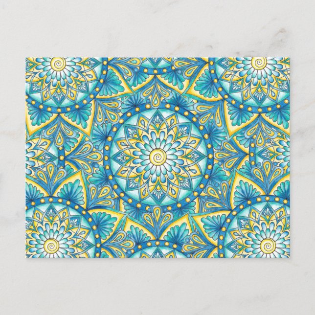 Mandala Floral Blue turquoise Yellow Pattern Postcard (Front)