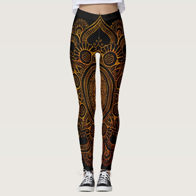 Mandala Flower - Black and Gold Leggings (Front)