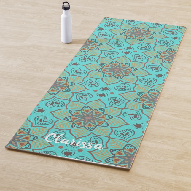 Mandala Flower Circle Pattern Ocean Blue Yoga Mat (In Situ)