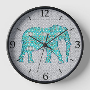Mandala Flower Elephant Turquoise and Grey Framed Clock