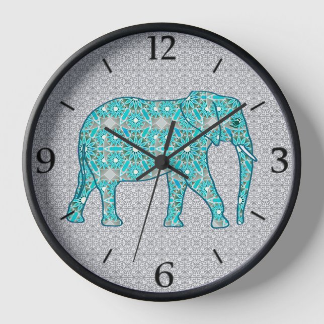 Mandala Flower Elephant Turquoise and Grey Framed  Clock (Front)