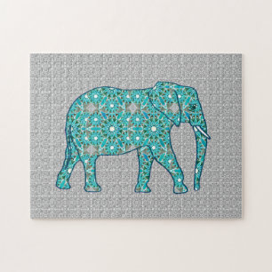 Mandala flower elephant, turquoise, gray & white jigsaw puzzle