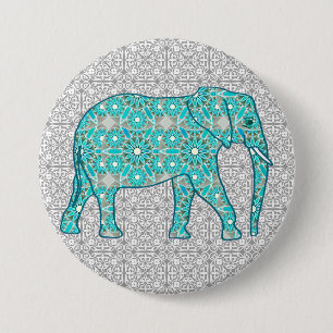 Mandala flower elephant - turquoise, grey & white 7.5 cm round badge