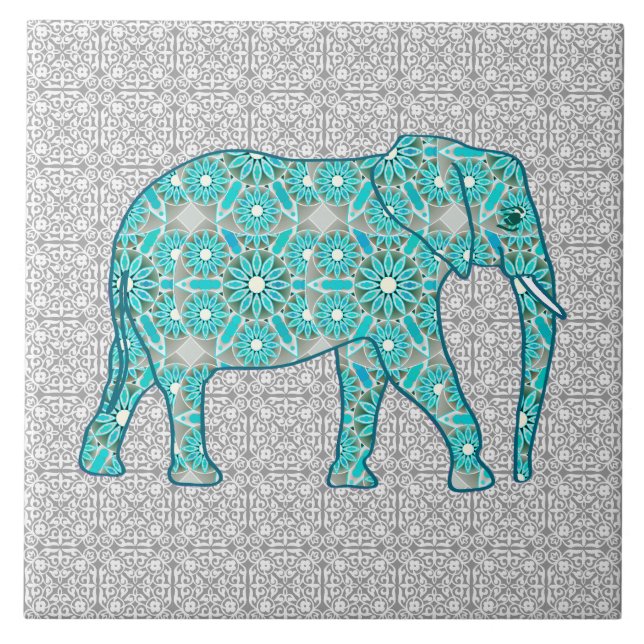 Mandala flower elephant - turquoise, grey & white ceramic tile (Front)