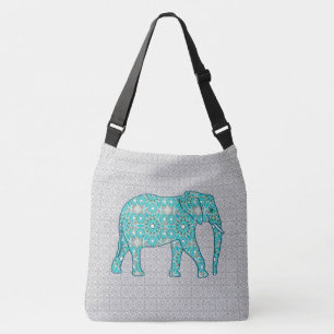 Mandala flower elephant - turquoise, grey & white crossbody bag
