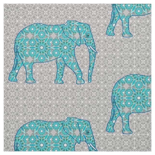 Mandala flower elephant - turquoise, grey & white fabric (Swatch)