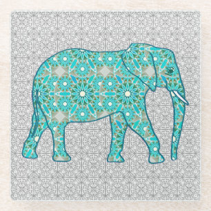 Mandala flower elephant - turquoise, grey & white glass coaster