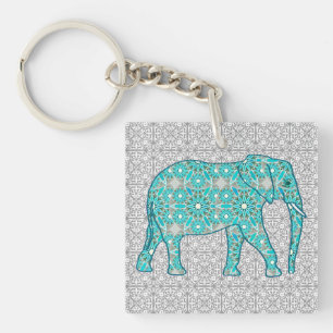 Mandala flower elephant - turquoise, grey & white key ring
