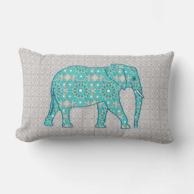 Mandala flower elephant - turquoise, grey & white lumbar cushion (Front)