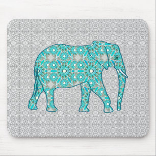 Mandala flower elephant - turquoise, grey & white mouse pad