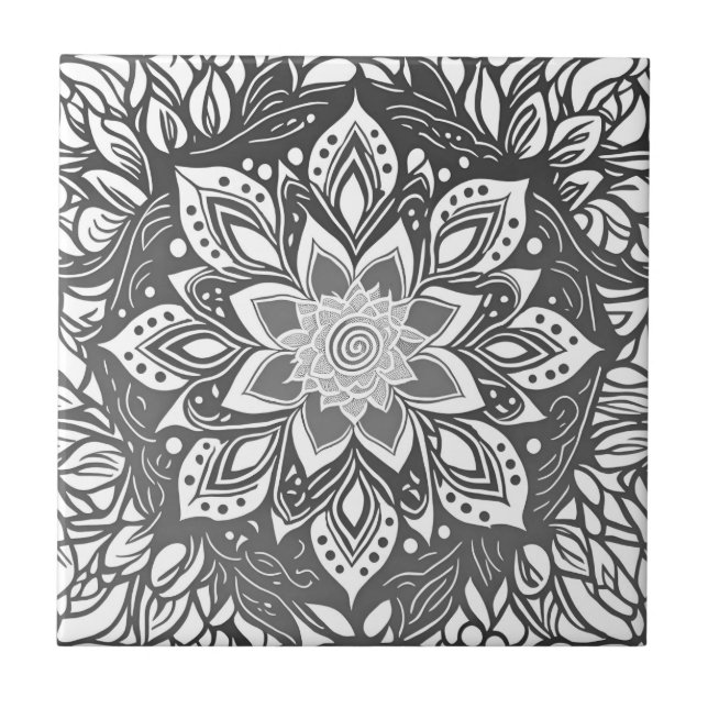 Mandala Flower in Black and white Ceramic Tile (Front)