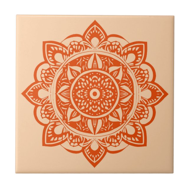 Mandala Flower in Mandarin Orange  Ceramic Tile (Front)