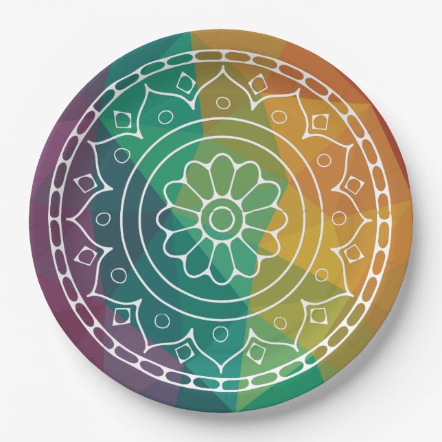 Mandala flower india rainbow boho colourful design paper plate (Front)