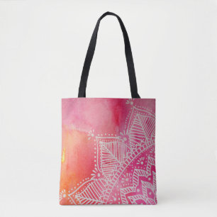 Mandala flower on watercolor background - pink tote bag