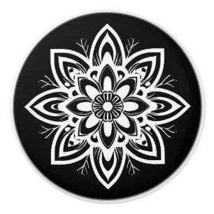 Mandala Flower Pattern in Black and White Ceramic Knob