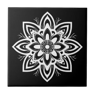 Mandala Flower Pattern in Black and White Ceramic Tile