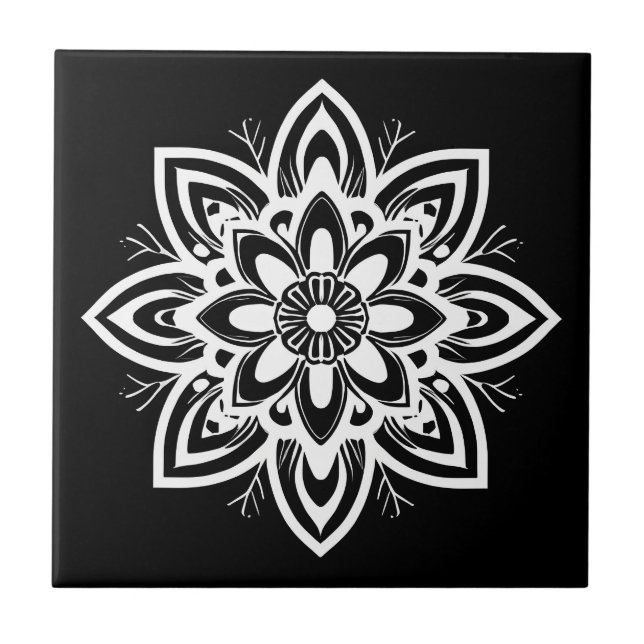 Mandala Flower Pattern in Black and White Ceramic Tile (Front)