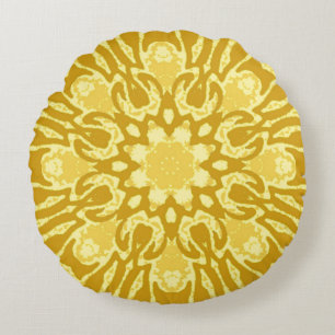 Mandala Flower Pattern - Mustard Gold and Yellow Round Cushion