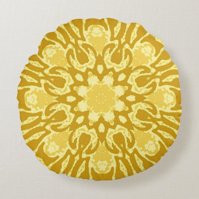 Mandala Flower Pattern - Mustard Gold and Yellow Round Cushion (Front)