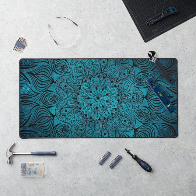   Mandala Flower Zen Cool Bright Vibrant Teal Blue Desk Mat (Workstation)