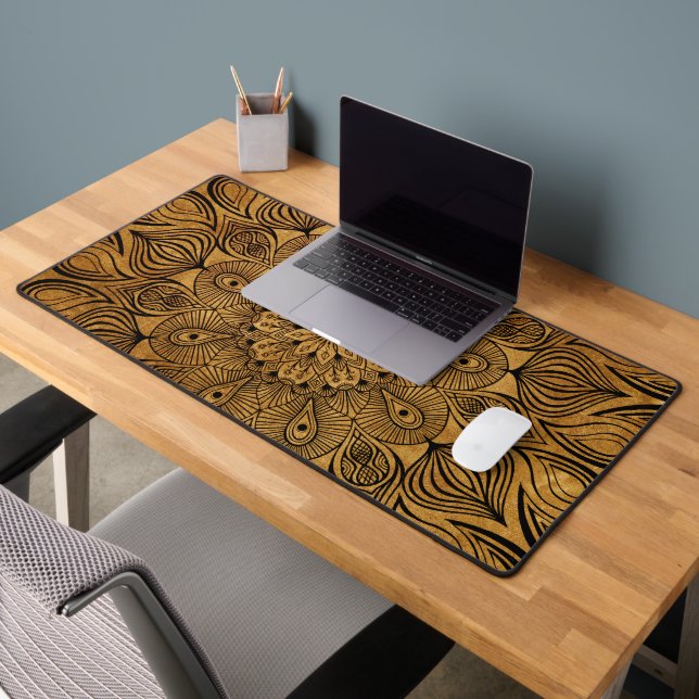   Mandala Flower Zen Tan Neutral Black Light Brown Desk Mat (Office 2)