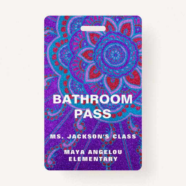 Mandala Glitter Back To School Bathroom Hall Pass ID Badge (Back)
