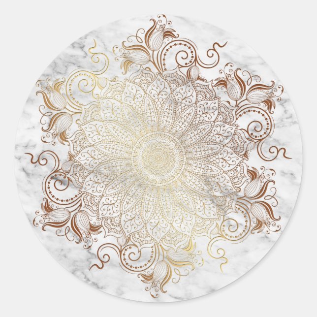 Mandala - Gold & Marble Classic Round Sticker (Front)