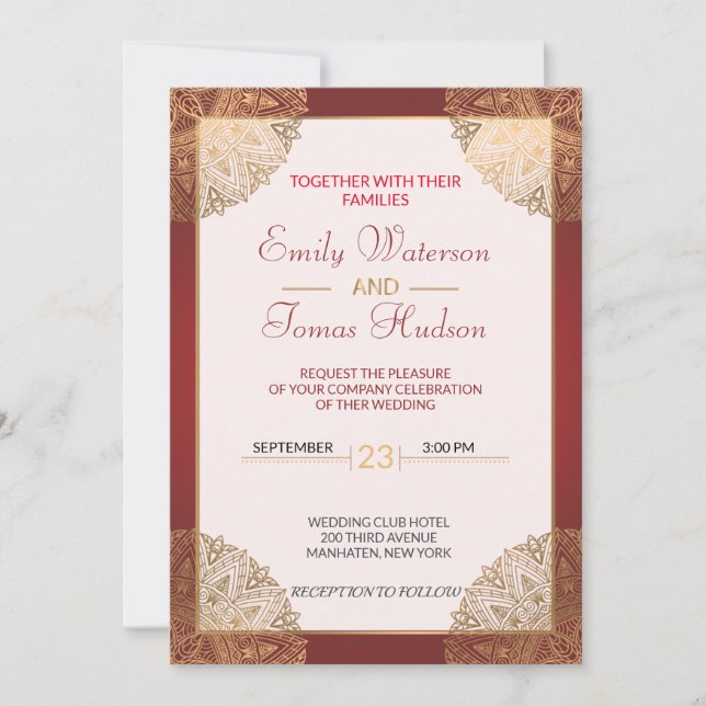 Mandala Gold Wedding Invitation, white Invitation (Front)