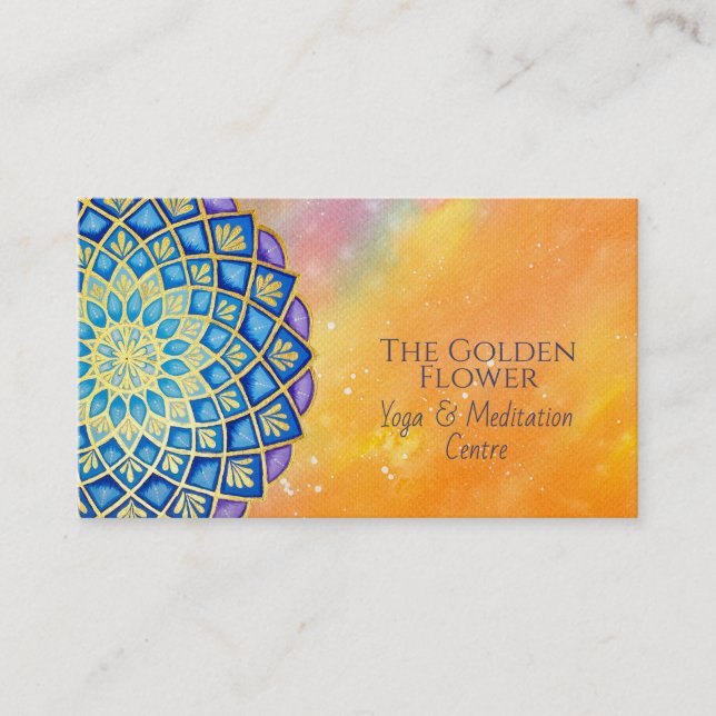 Mandala Golden Flower Blue Purple Business Card (Front)