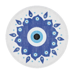 Mandala Greek Evil Eye Blue White Cutting Board