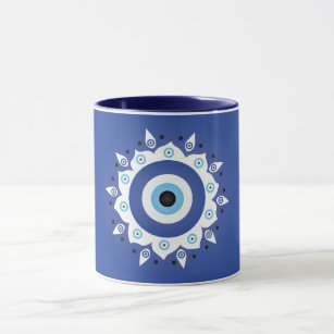 Mandala Greek Evil Eye Blue White Mug