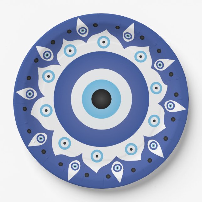 Mandala Greek Evil Eye Blue White Paper Plate (Front)